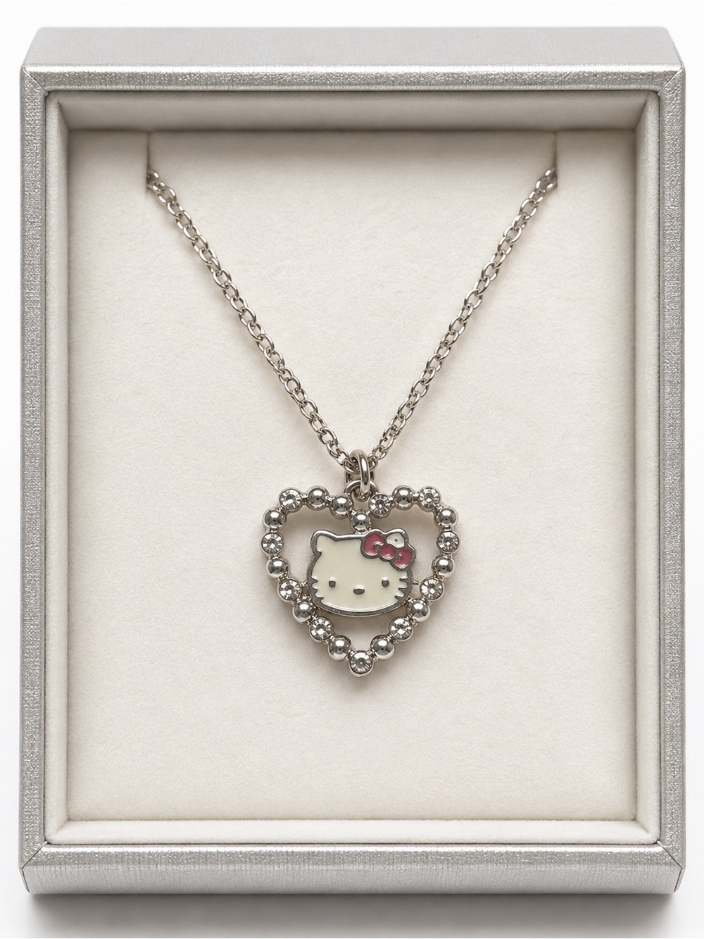 Hello Kitty Silver Tone Adjustable Heart Rhinestone Necklace